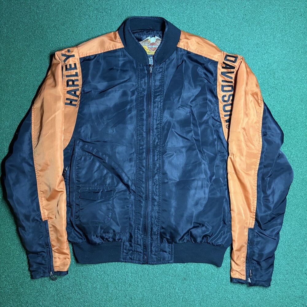 Size M - Harley Davidson An American Legend Nylon Bomber Jacket Black Orange Y2K